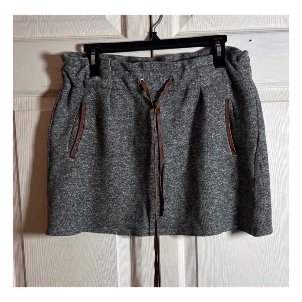 Sandro Paris Grey Jupe Courte Grise Knit Mini Skirt Leather Trim Waist US Size 8